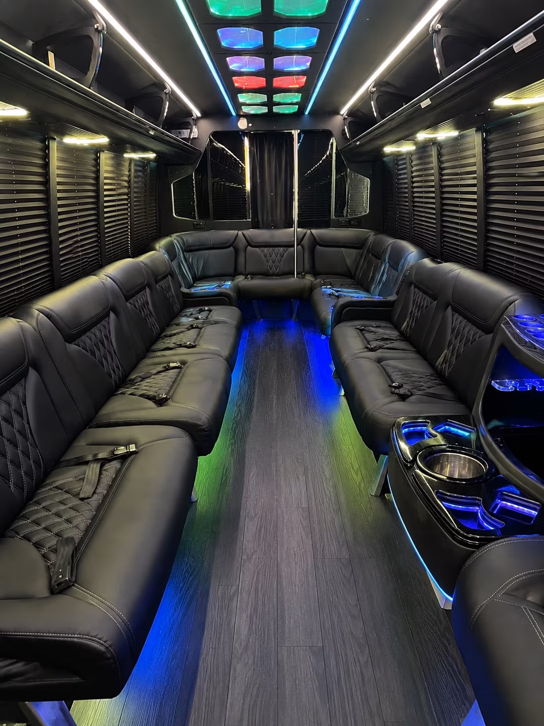Interior of a party bus rental serving Flagstaff